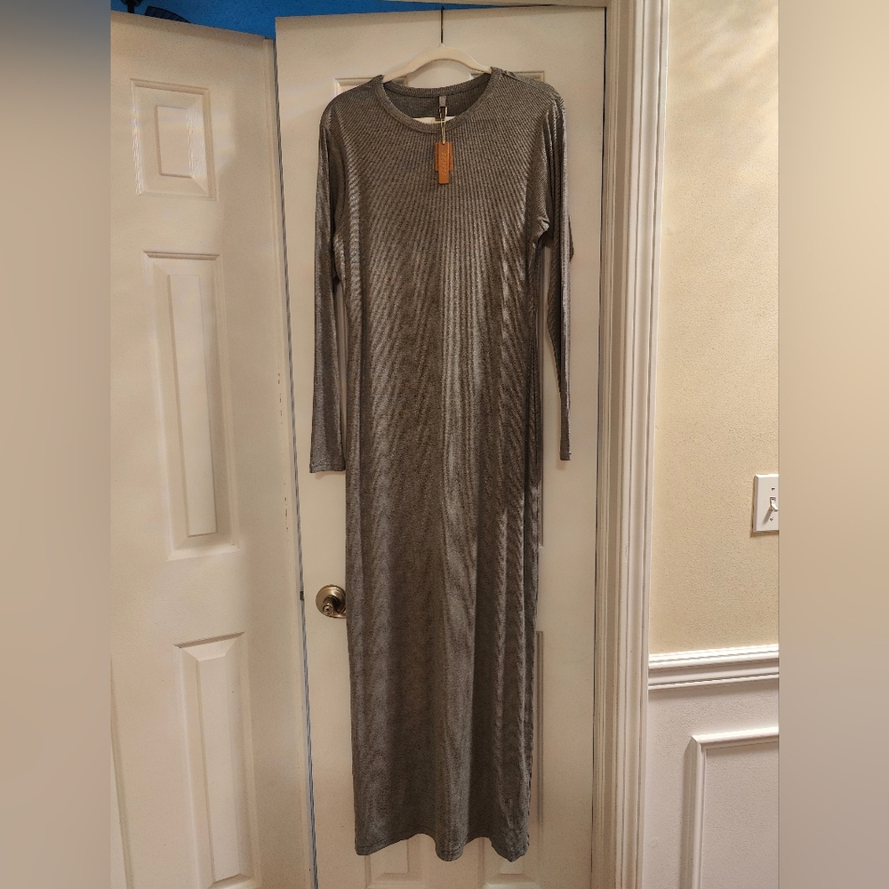 NWT SKIMS Long Sleeve Ribbed Knit Dress Silver 4X